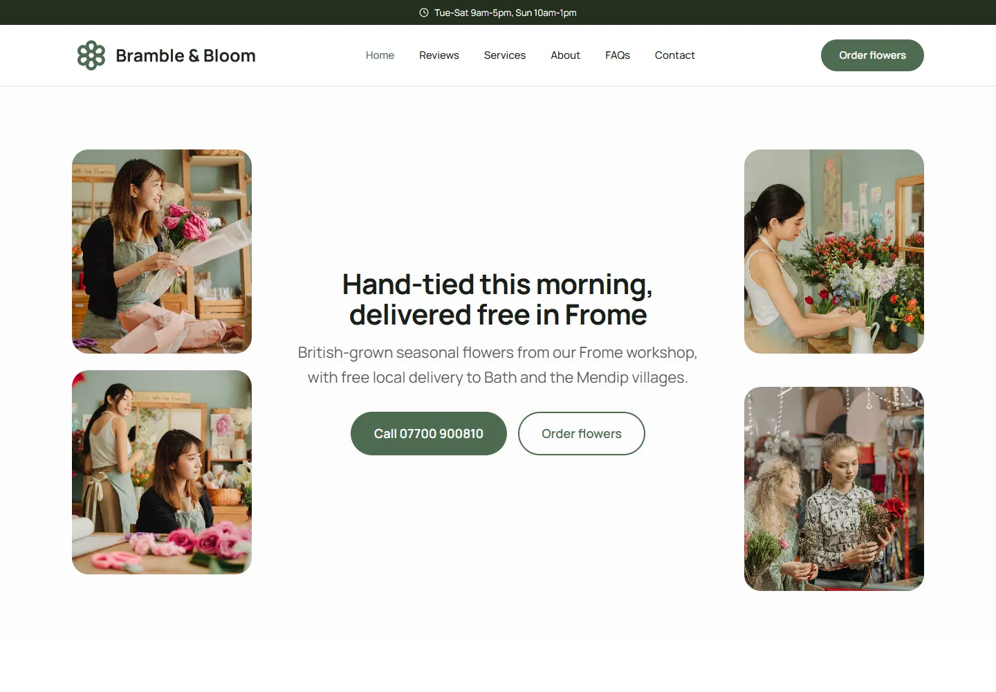 The homepage of Bramble & Bloom, an example florist website