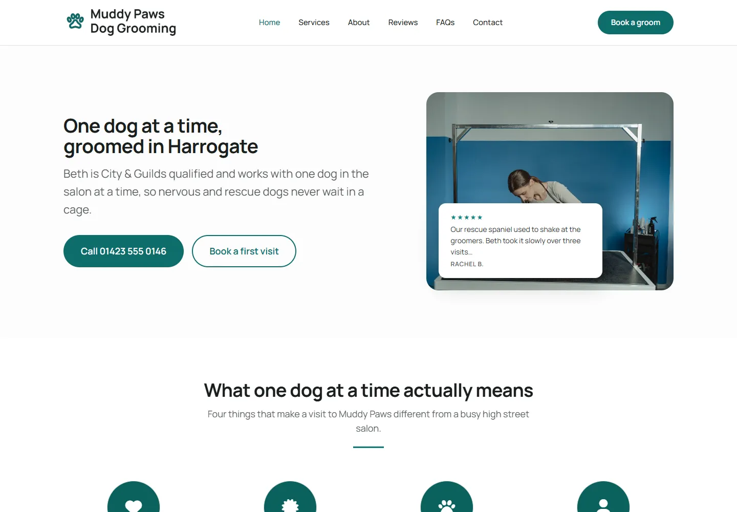 The homepage of Muddy Paws Dog Grooming, an example dog groomer website