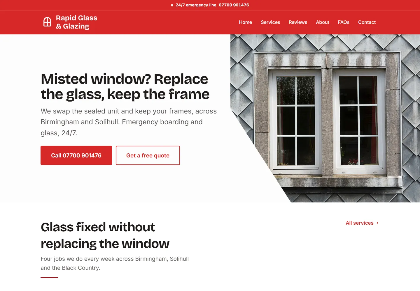 The homepage of Rapid Glass & Glazing, an example glazier website