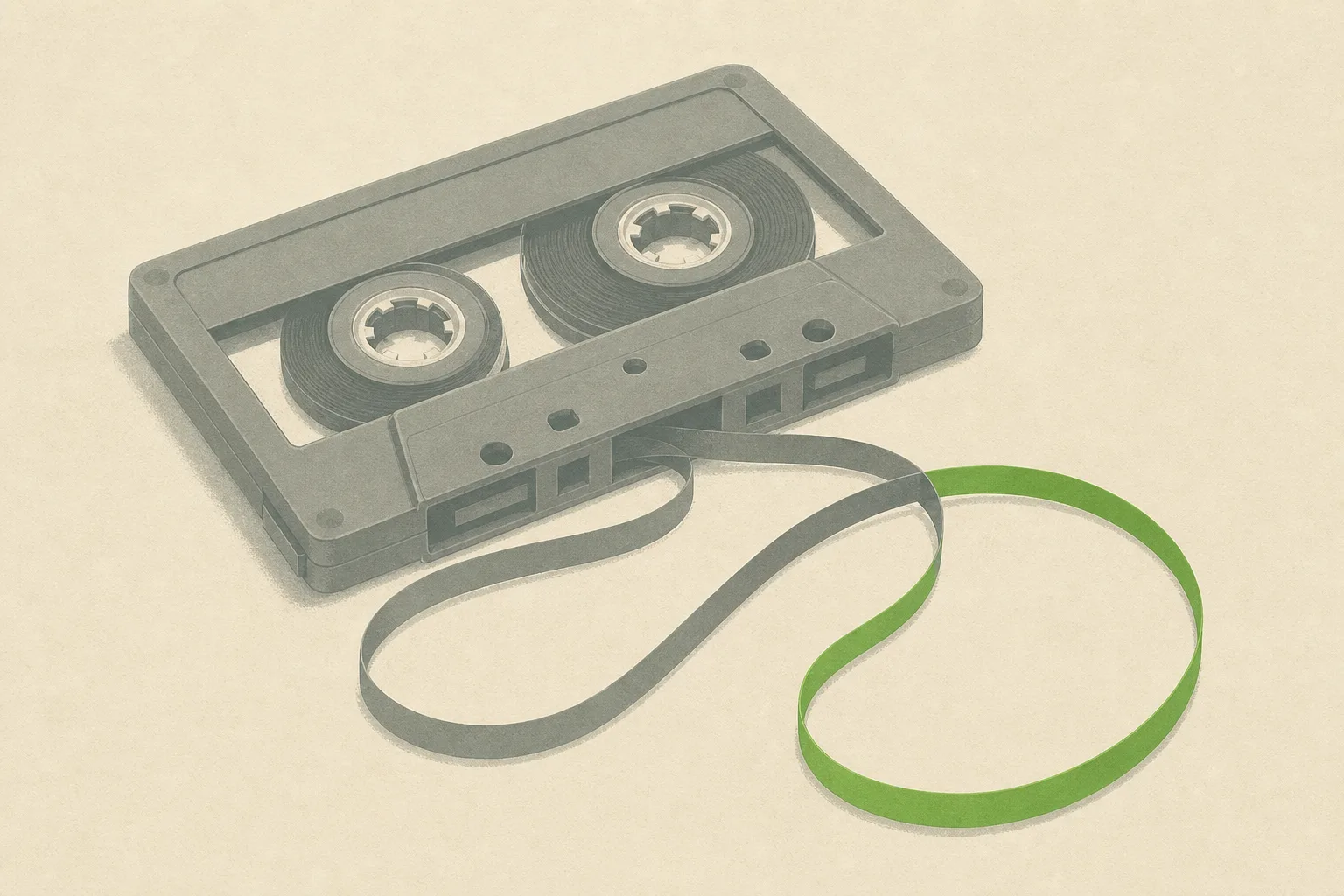 A plain grey cassette tape lying open on a bone-cream ground, one loop of magnetic tape spilling loose and turning solid acid green partway along its length.