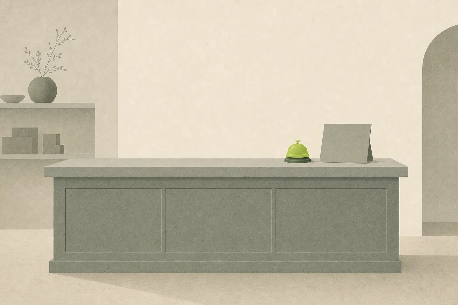 A wide view of an empty shop counter in sage grey on a bone-cream ground, a small acid green service bell on the counter and a blank grey card on a little stand beside it.