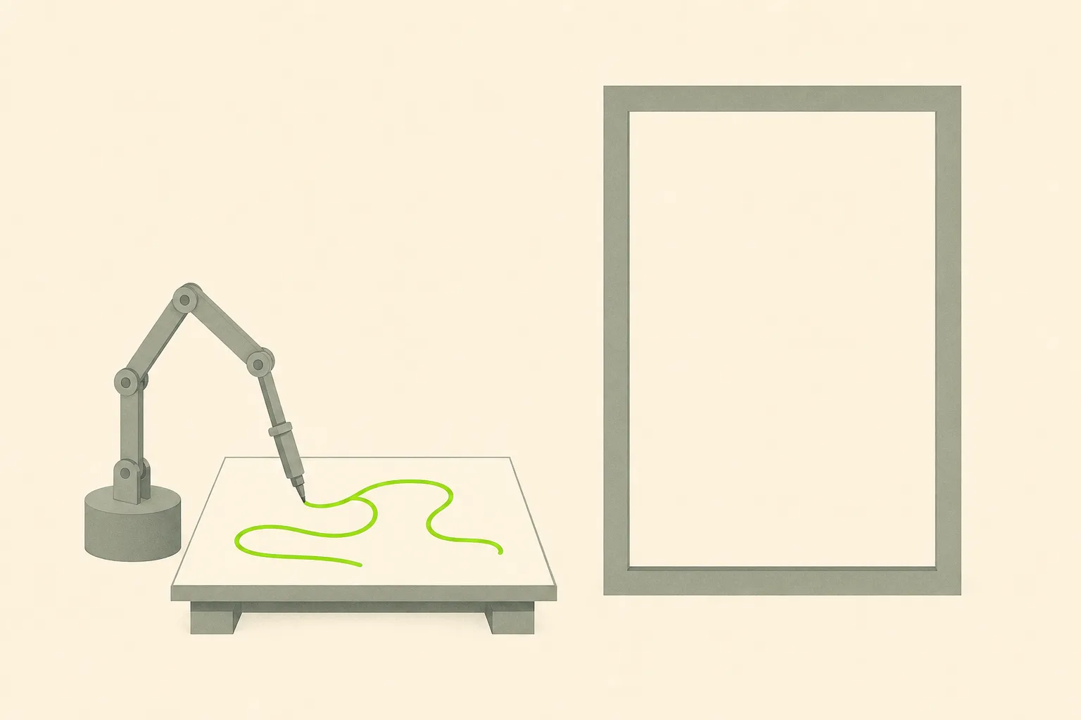 A pale grey picture frame standing empty on a bone-cream ground beside a small mechanical arm sketching directly onto blank paper, the sketch line rendered in solid acid green rather than the grey of the frame.