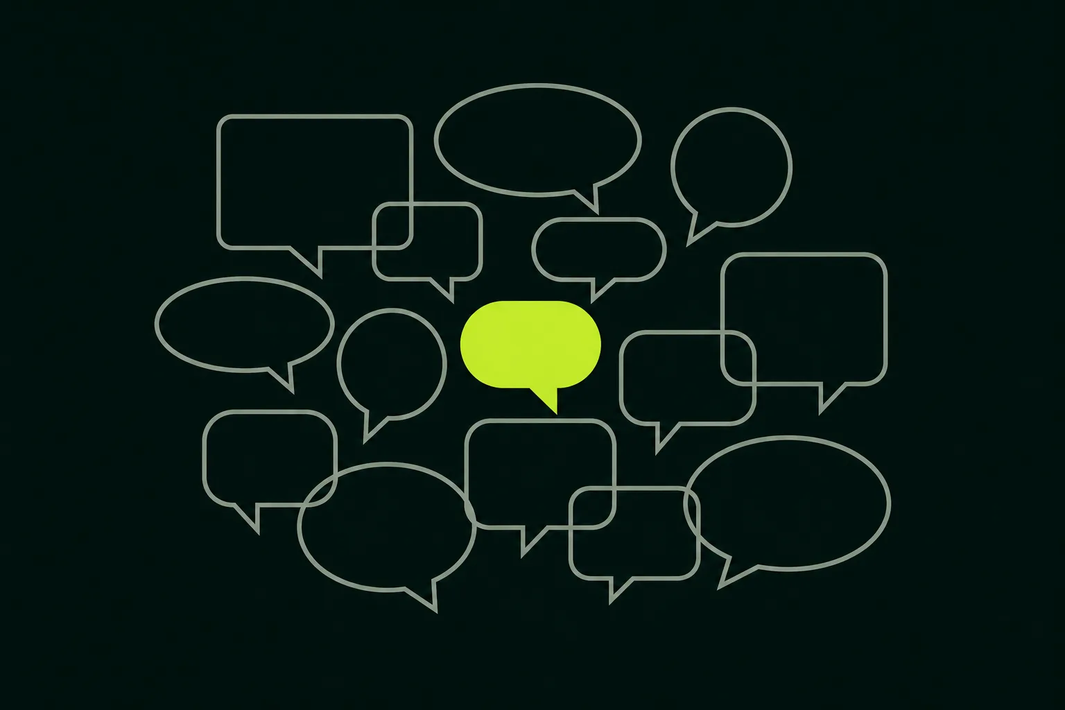 A loose cluster of pale sage-grey speech-bubble outlines scattered on a near-black green-tinted ground, one bubble near the centre filled solid acid green as though singled out from the rest.