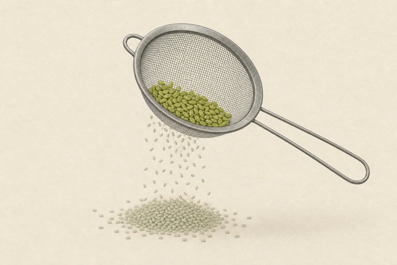 A tilted grey metal sieve on a bone-cream ground, pale grey grains falling freely through the mesh while a handful of matte acid-green grains are caught and held back.