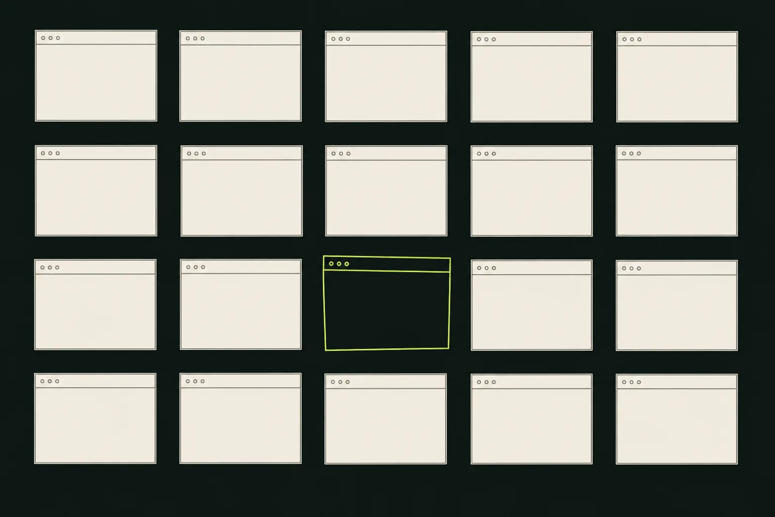 A grid of identical pale bone-coloured browser-window outlines on a near-black ground, with one window redrawn in acid green and set slightly out of line with the rest.