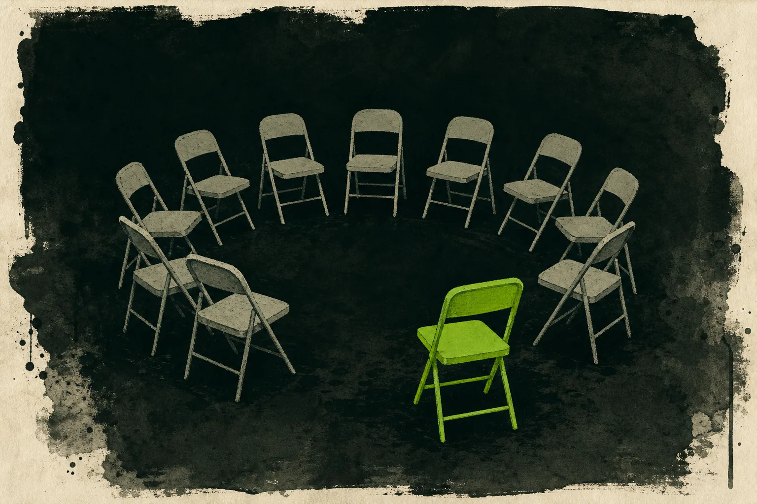 A single pale grey folding chair standing alone and facing outward in a loose ring of identical empty chairs on a near-black green-tinted ground, the standing chair rendered in solid acid green.