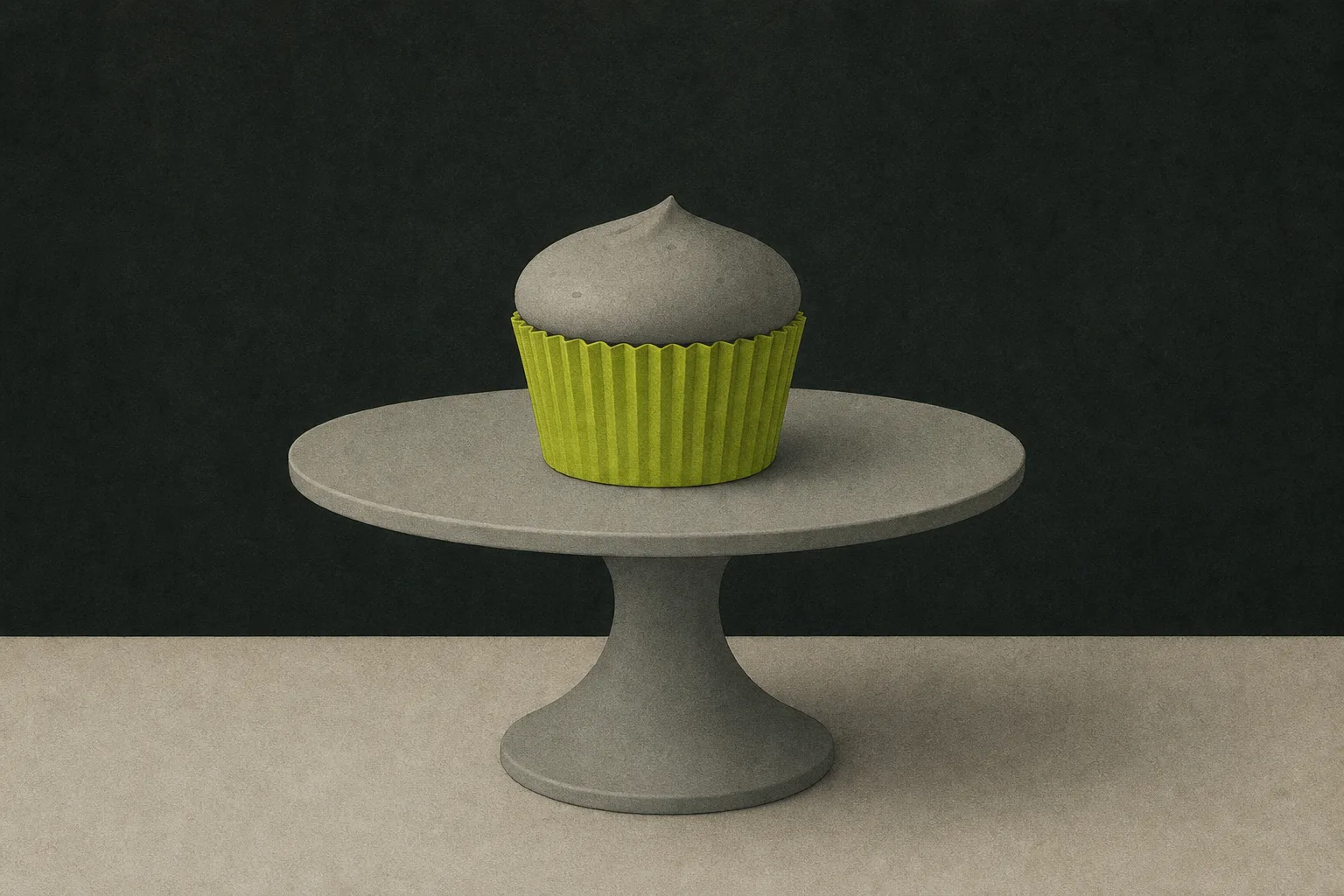 A single plain cupcake in a solid acid green paper case sitting on a matte sage-grey cake stand against a near-black green-tinted ground.