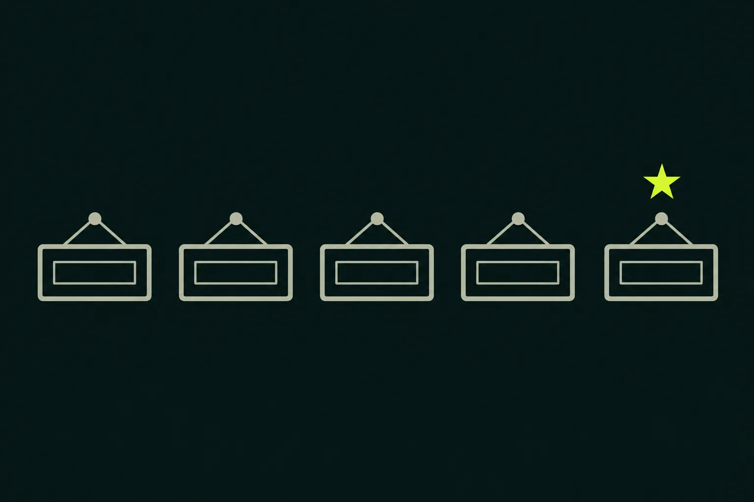 A row of identical pale sage-grey shop-sign outlines on a near-black green-tinted ground, each carrying the same blank space where a boast would sit, with one acid green star breaking free above the last sign in the row.