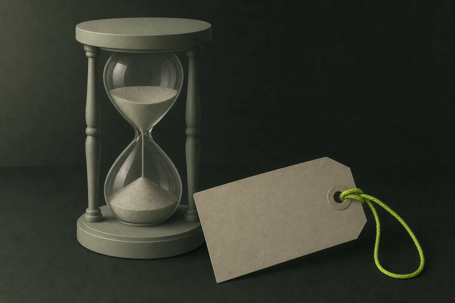 A plain sage grey hourglass half run through, standing beside a blank paper price tag with a looped acid green string, on a near-black green-tinted ground.