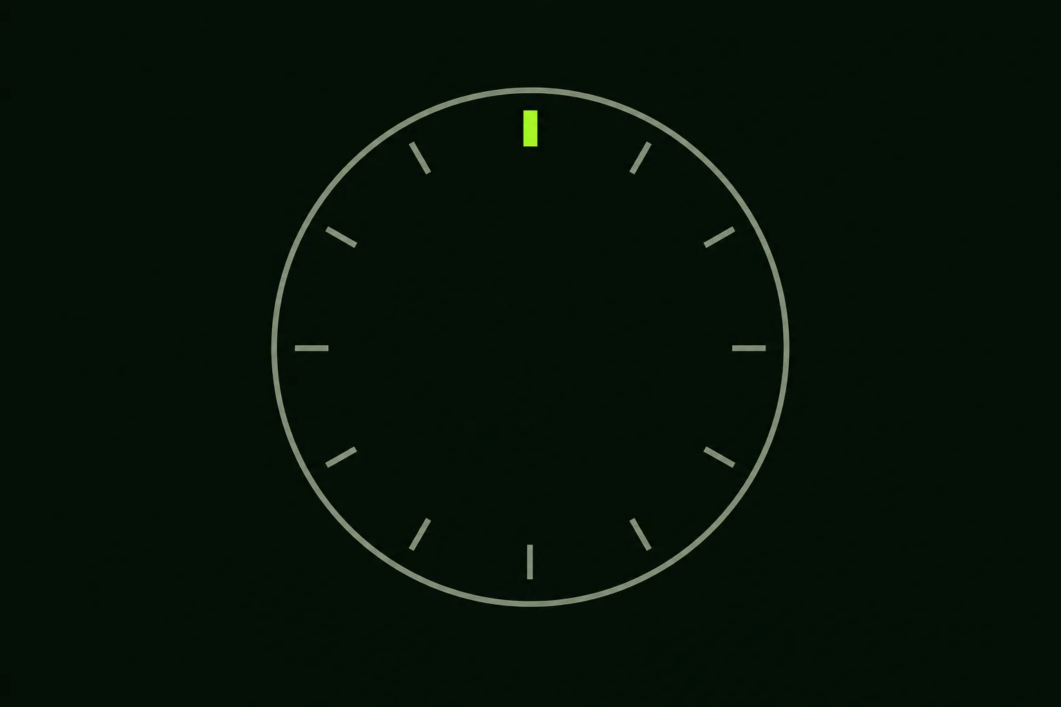 A plain grey clock face with evenly spaced tick marks, one tick picked out in acid green near the top.