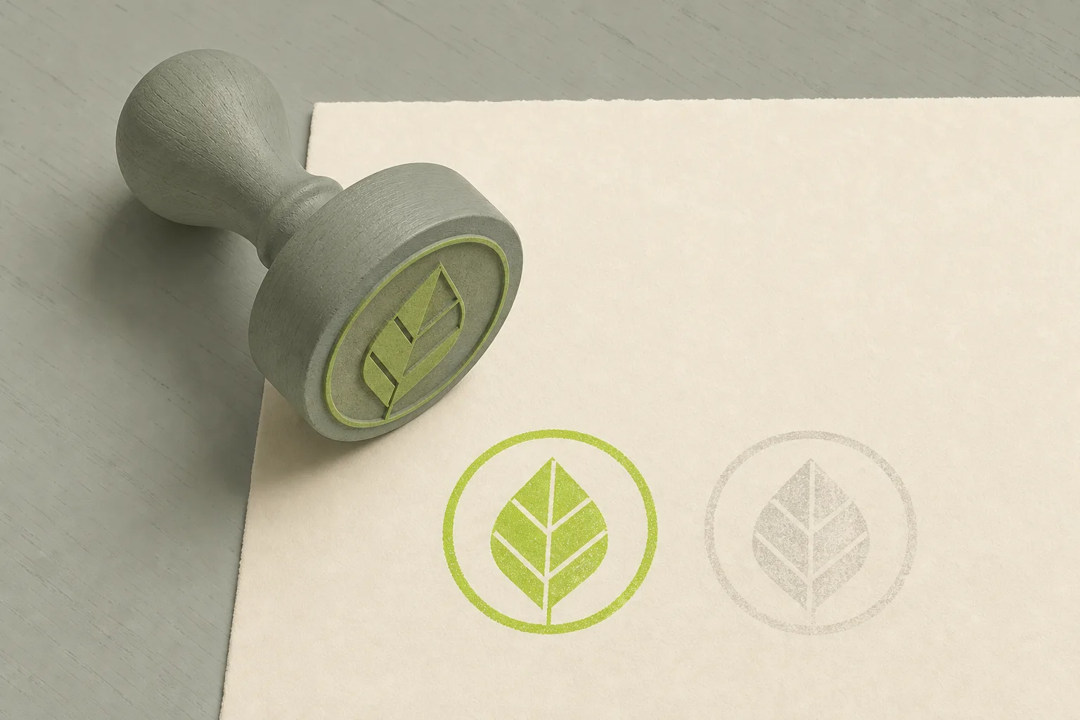 A sage grey wooden rubber stamp resting on bone-cream paper beside two stamped leaf marks, one printed in solid acid green and a near-identical faded grey copy next to it.