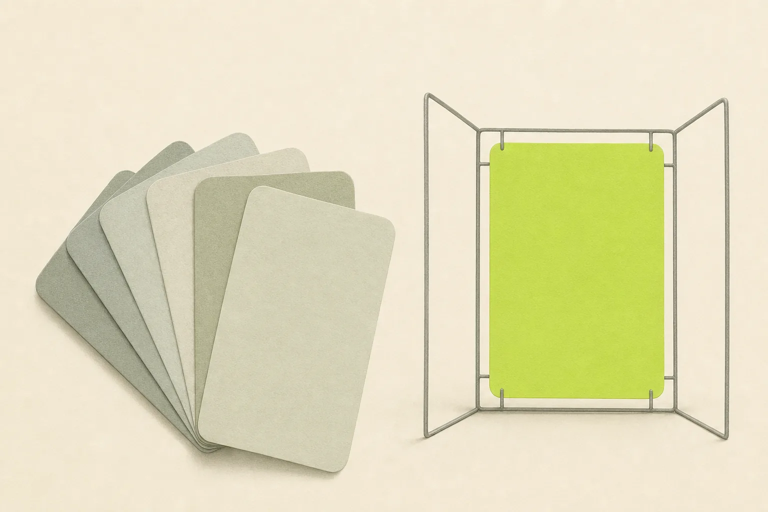 A fan of blank sage grey cards on a bone-cream ground beside a thin grey wire frame shaped like an open window, with one solid acid green card slotted into the frame.