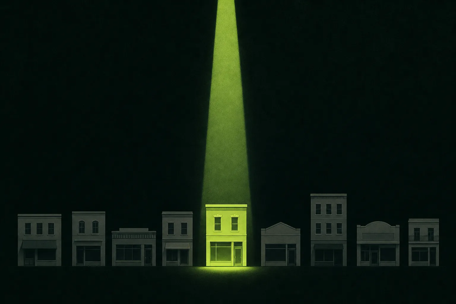 Small grey building silhouettes lined up on a near-black green-tinted ground, one lit by a narrow beam of acid green light while the rest sit in shadow.