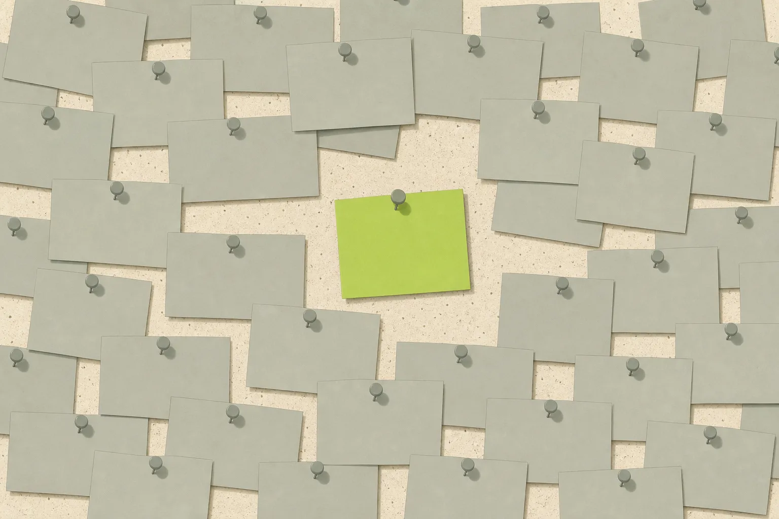 A cluttered corkboard of identical blank grey card tags pinned in tight overlapping rows on a bone-cream ground, with one tag unpinned and re-pinned apart from the rest, redrawn in flat acid green.