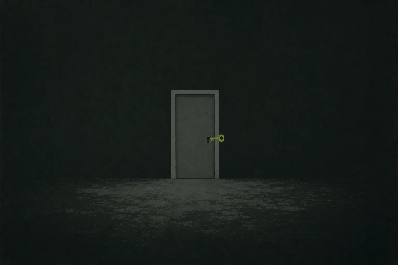 A narrow grey doorway standing alone in the middle of a wide near-black green-tinted ground, a single acid green key floating just in front of the keyhole.