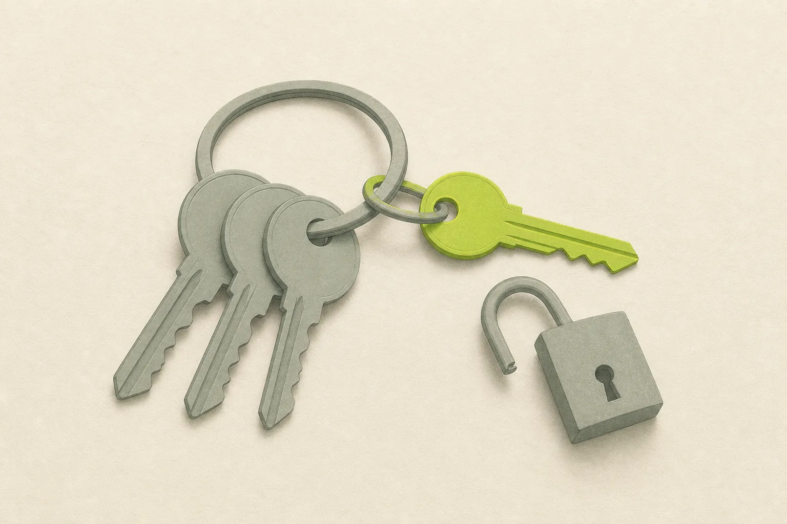 A sage grey key ring lying on a bone-cream ground with several plain grey keys, one acid green key sliding off the ring, and a small open grey padlock beside it.