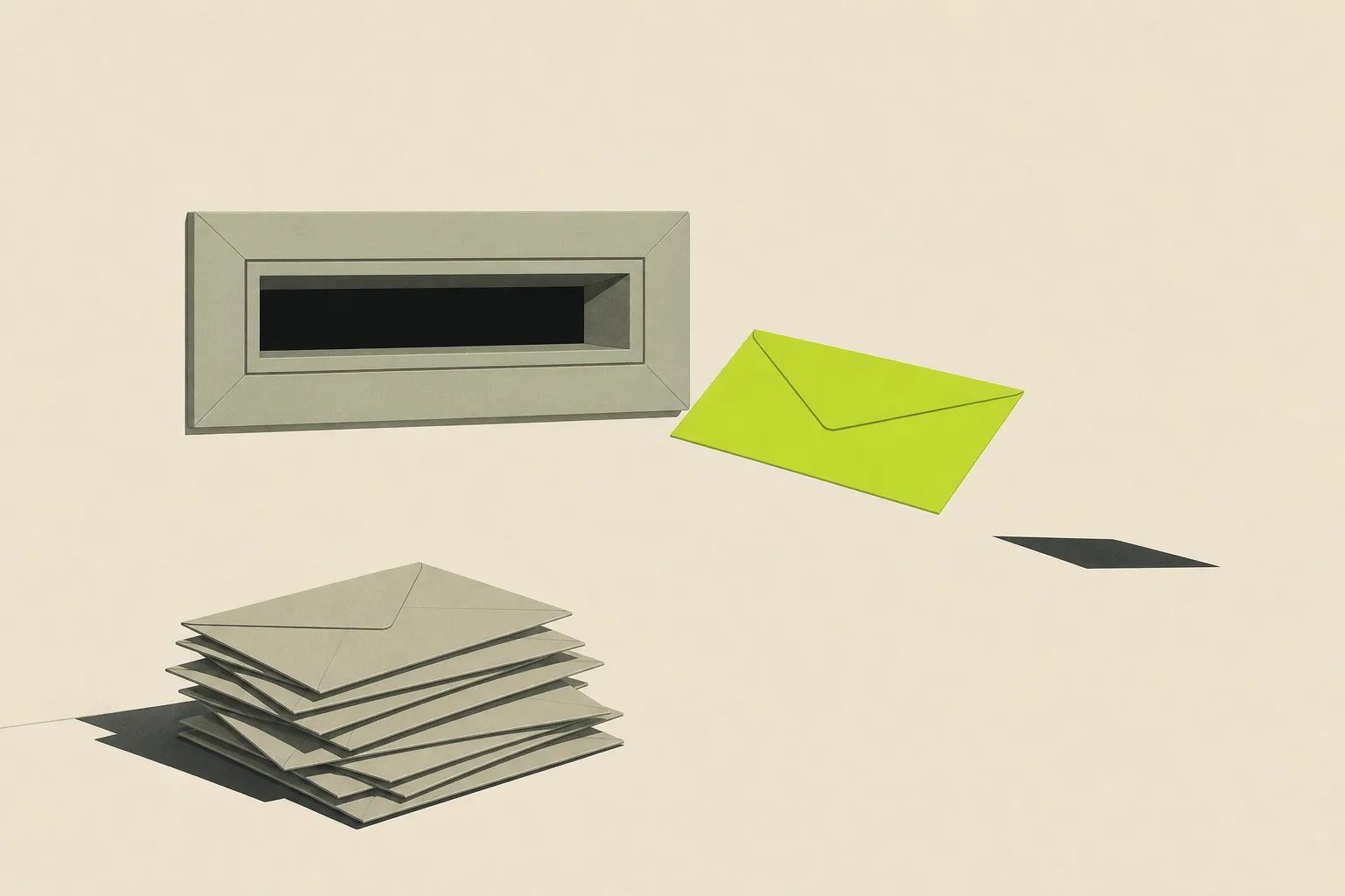 A grey letterbox slot with envelopes stacking up unopened on the ground beside it, one envelope rendered in acid green sliding past the slot into empty space, on a bone-cream ground.