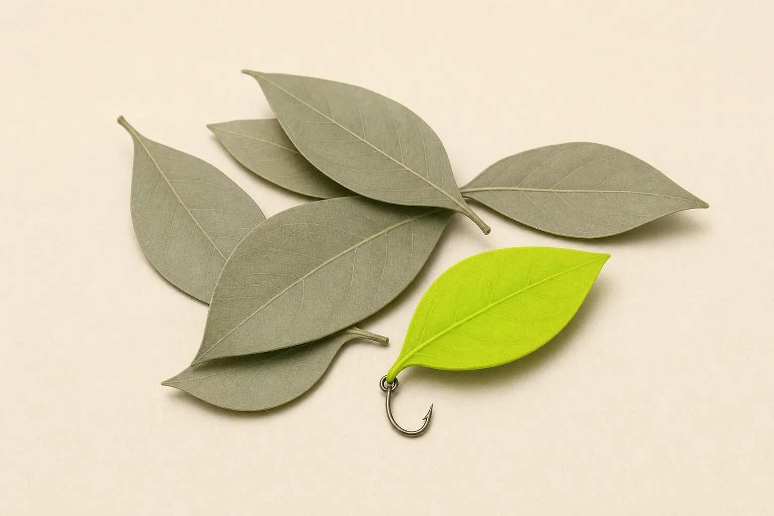 A loose pile of matte sage grey leaves on a bone-cream ground, with one solid acid green leaf set slightly apart and a small metal fishing hook curling from its stem.
