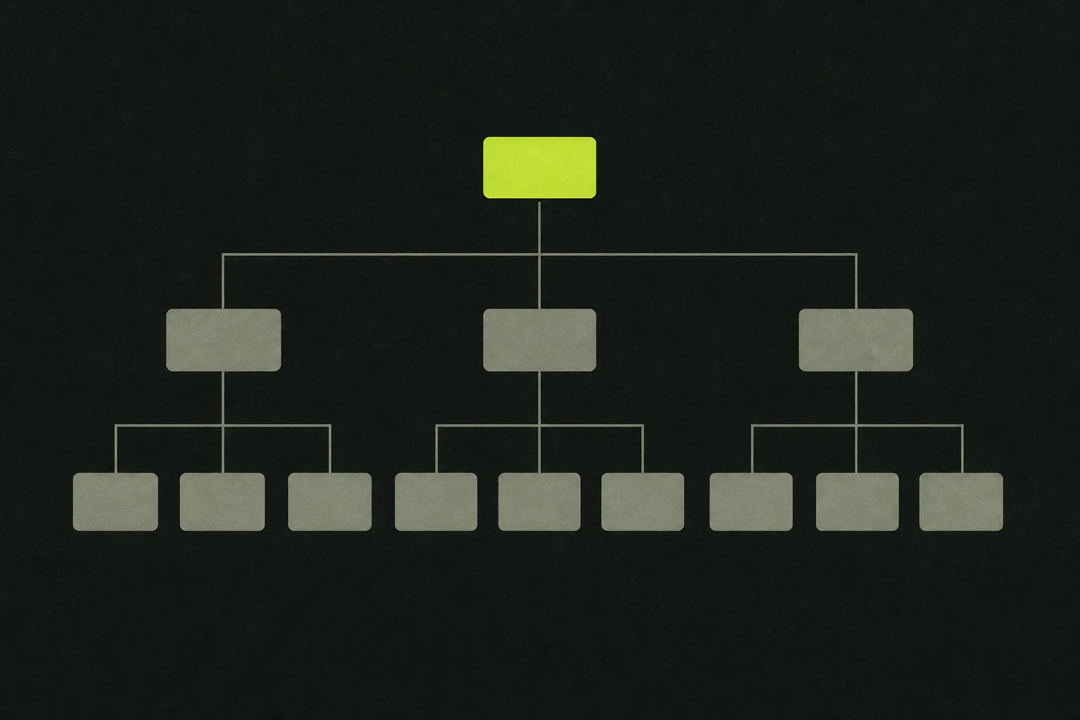 A branching tree of small sage grey rectangles joined by thin lines on a near-black green-tinted ground, the single rectangle at the top in solid acid green.