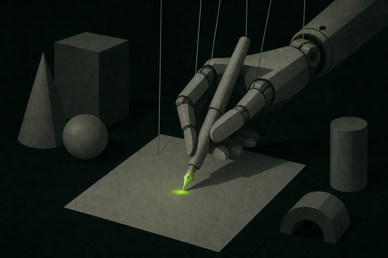 A single grey mechanical hand holding a plain pen above a blank sheet of paper on a near-black green-tinted ground, the pen nib glowing solid acid green where it meets the page.