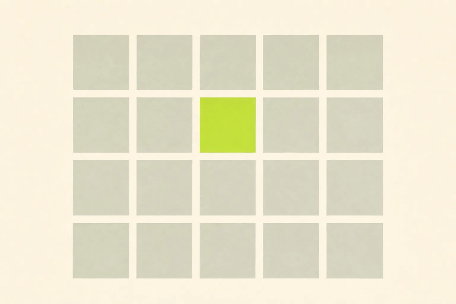 A flat grid of pale sage-grey calendar squares on a bone-cream ground, one square filled solid acid green as though circled for an appointment.