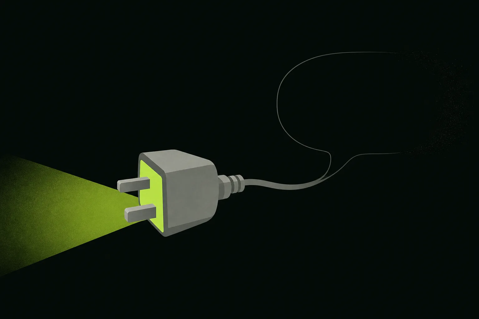 A plain grey electrical plug on a near-black green-tinted ground, its cable trailing toward a faint outlined speech bubble that fades to nothing, the socket end glowing a single wedge of acid green light.