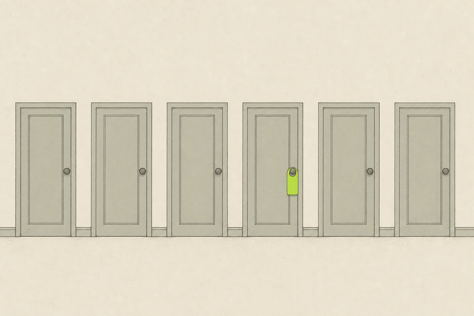 A row of six plain sage grey doors on a bone-cream ground, all closed, with a blank acid green hanger looped over the handle of one of them.