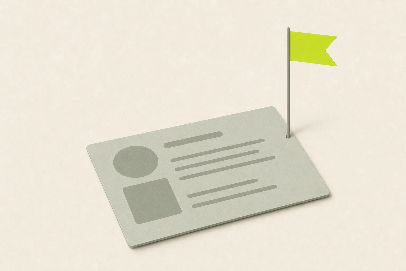 A single pale sage-grey rectangular review card lying on a bone-cream ground, a small solid acid green flag planted upright in its top corner as though marking it for report.