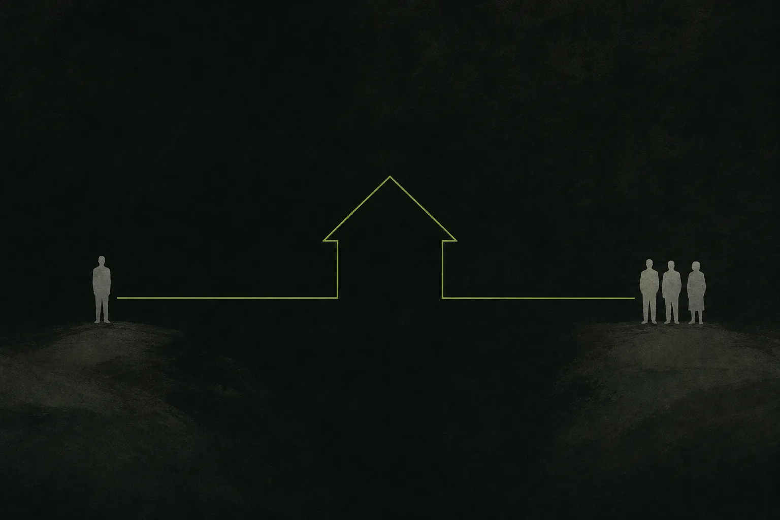 A single grey figure and a small huddle of three grey figures standing on opposite sides of a bone-cream ground, one acid green line connecting each to the same small house-shaped outline between them.
