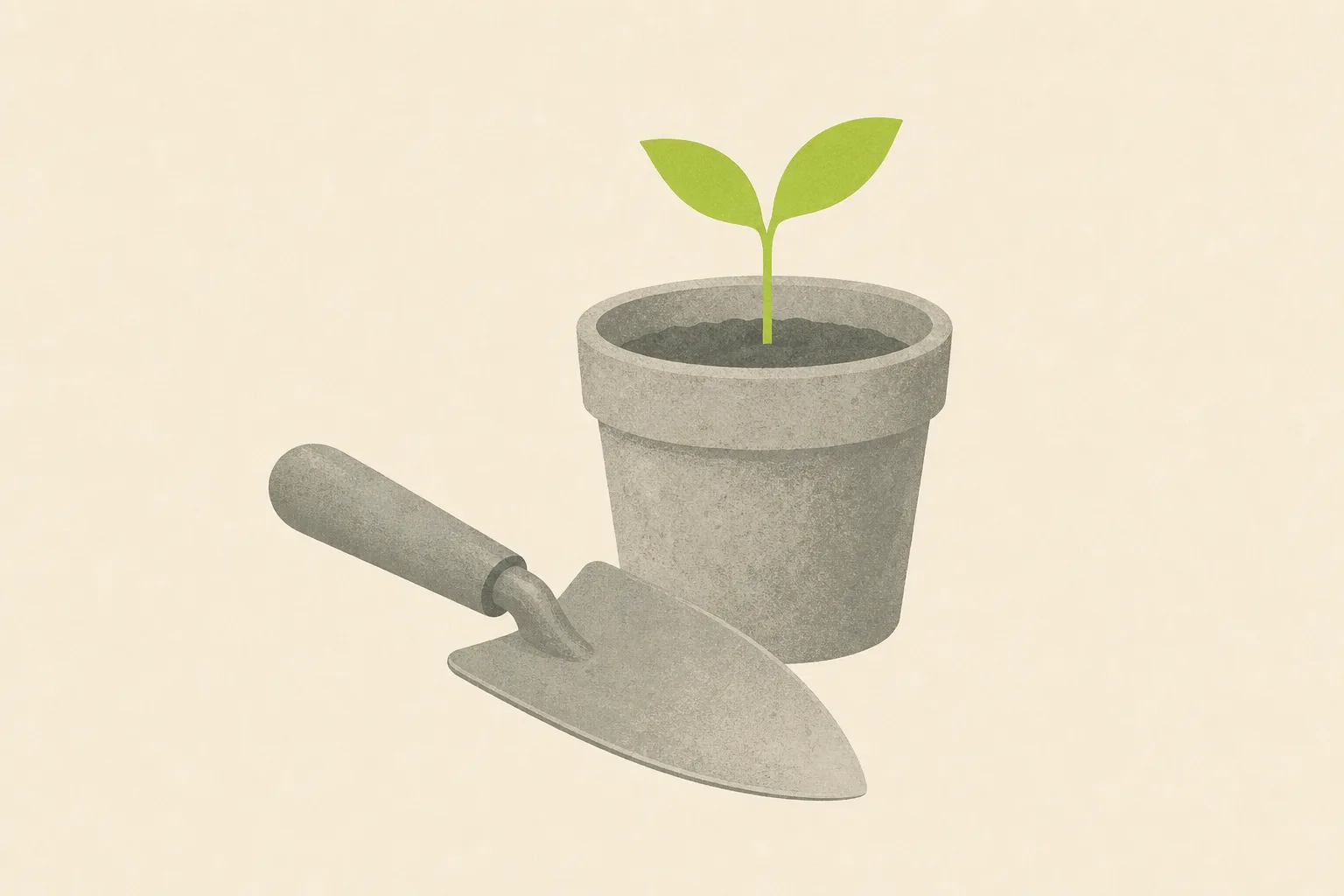 A grey garden trowel and a small terracotta pot on a bone-cream ground, one young plant growing from the pot rendered in solid acid green.