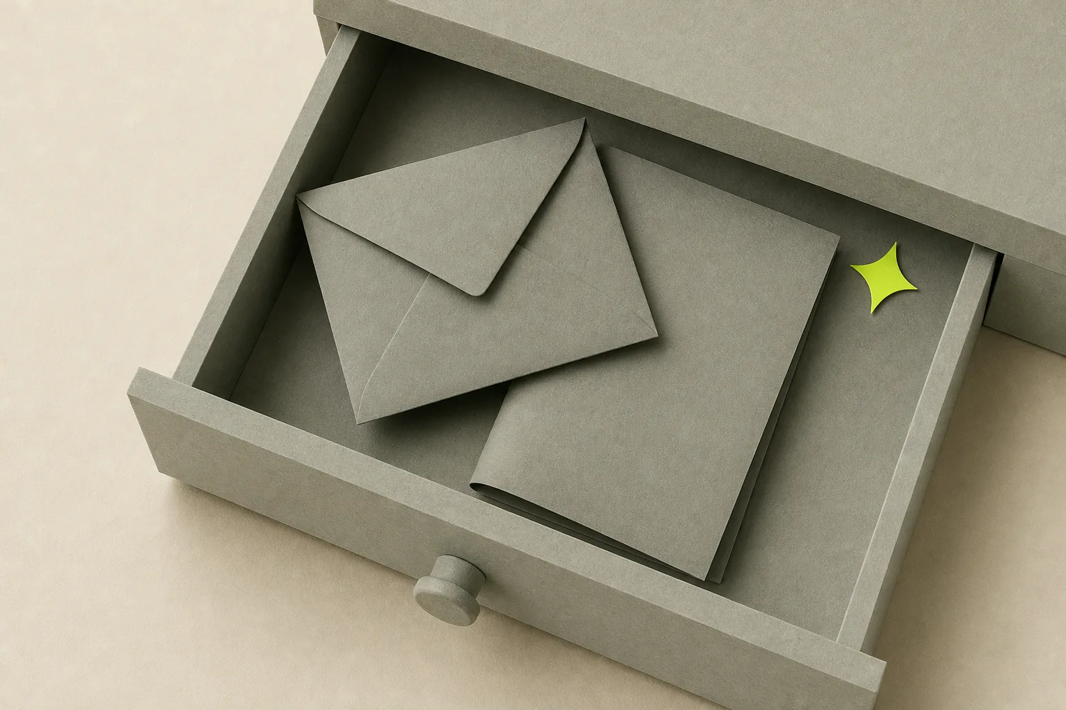 A half-open sage grey drawer on a bone-cream ground holding a grey envelope and a folded sheet, with a small acid green spark already tucked in its corner.