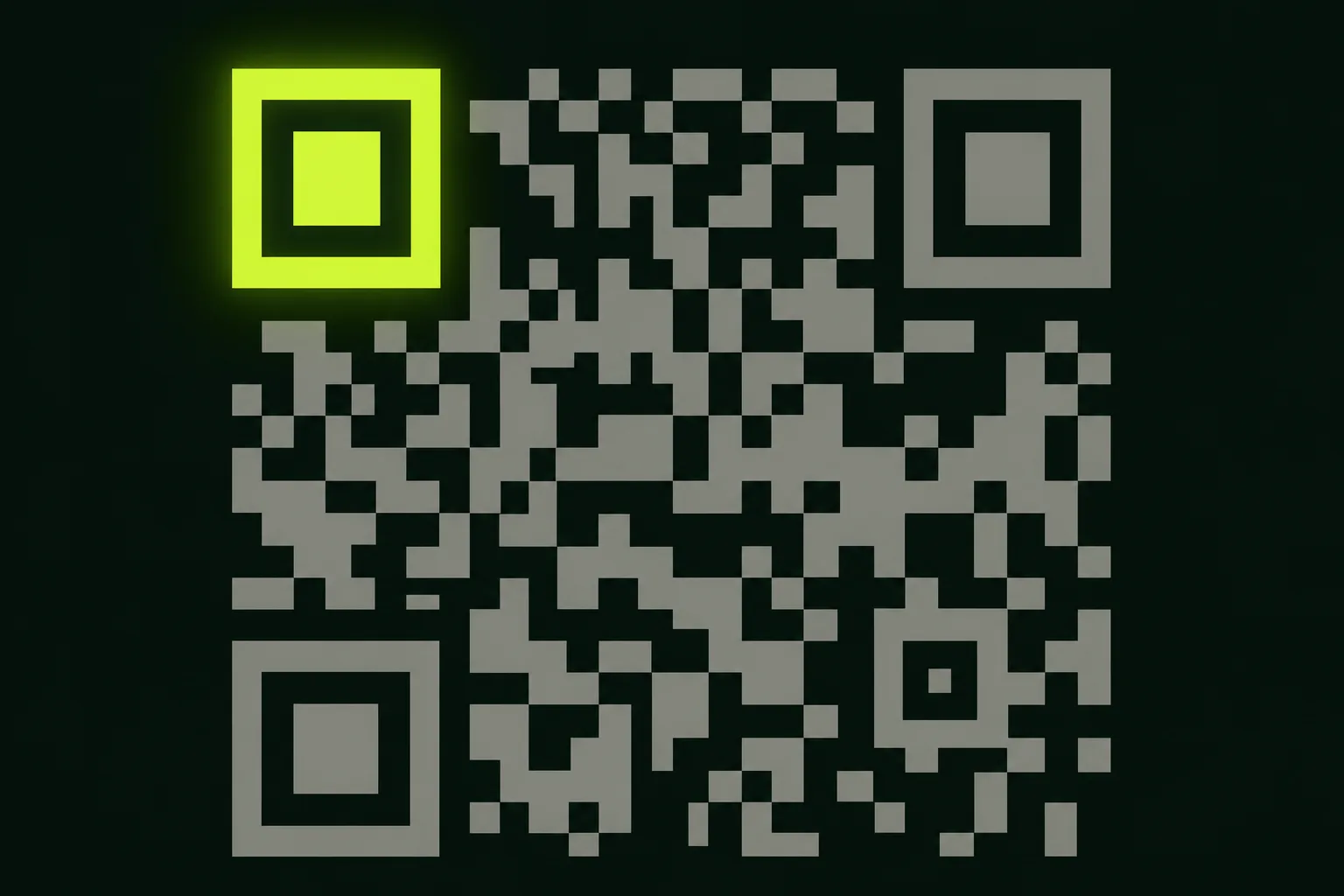 A grey QR code pattern on a near-black green-tinted ground, one corner square glowing solid acid green as though singled out to be scanned.