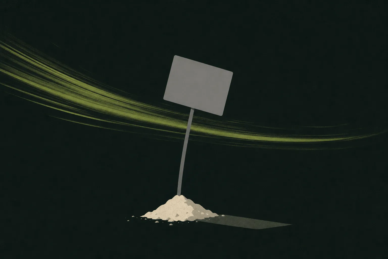 A plain grey rectangular profile card balanced on a single thin post with no roots in a bone-cream ground, bent at an angle by a gust of acid green wind.