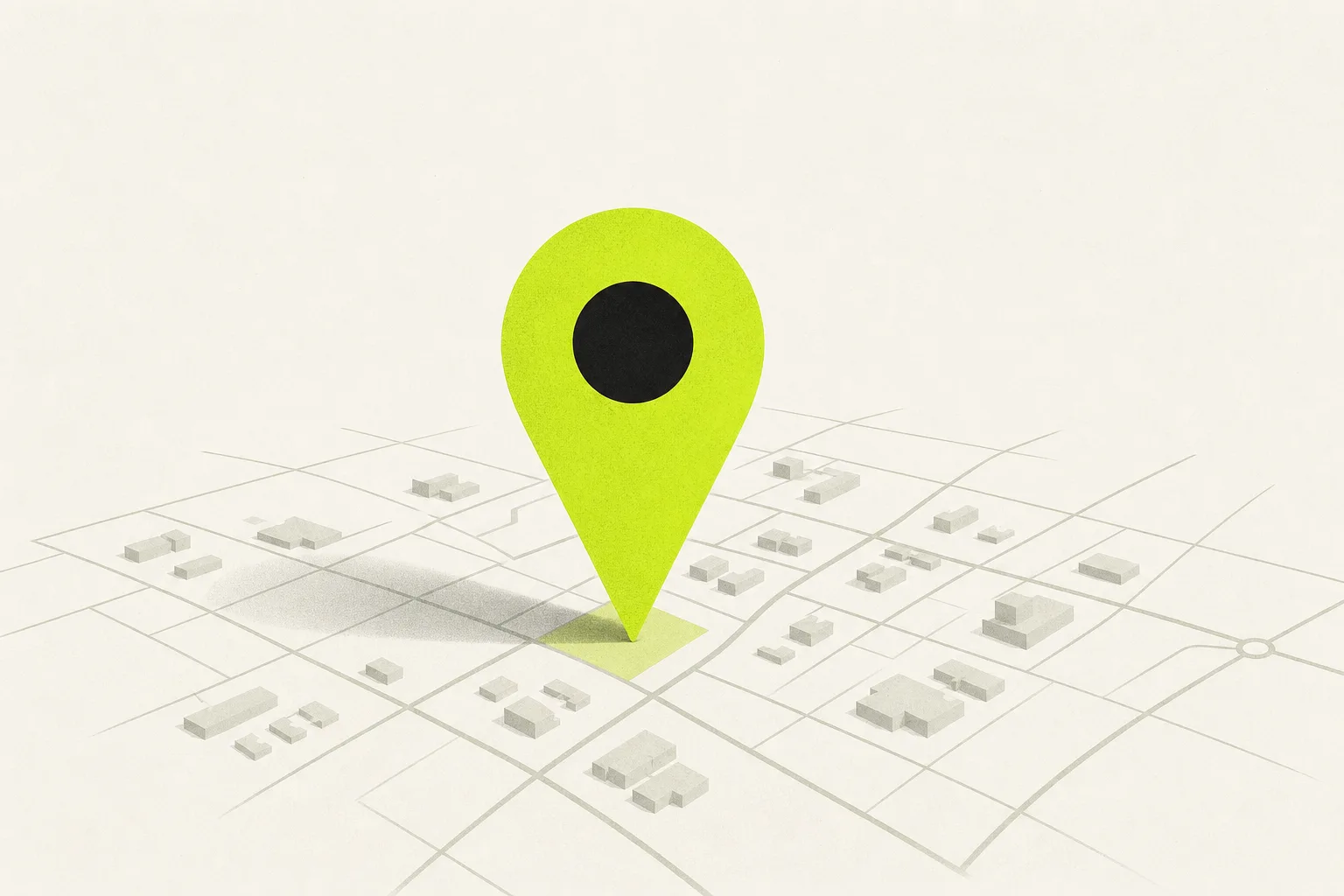 An acid green map pin standing over a pale street map of small grey buildings.
