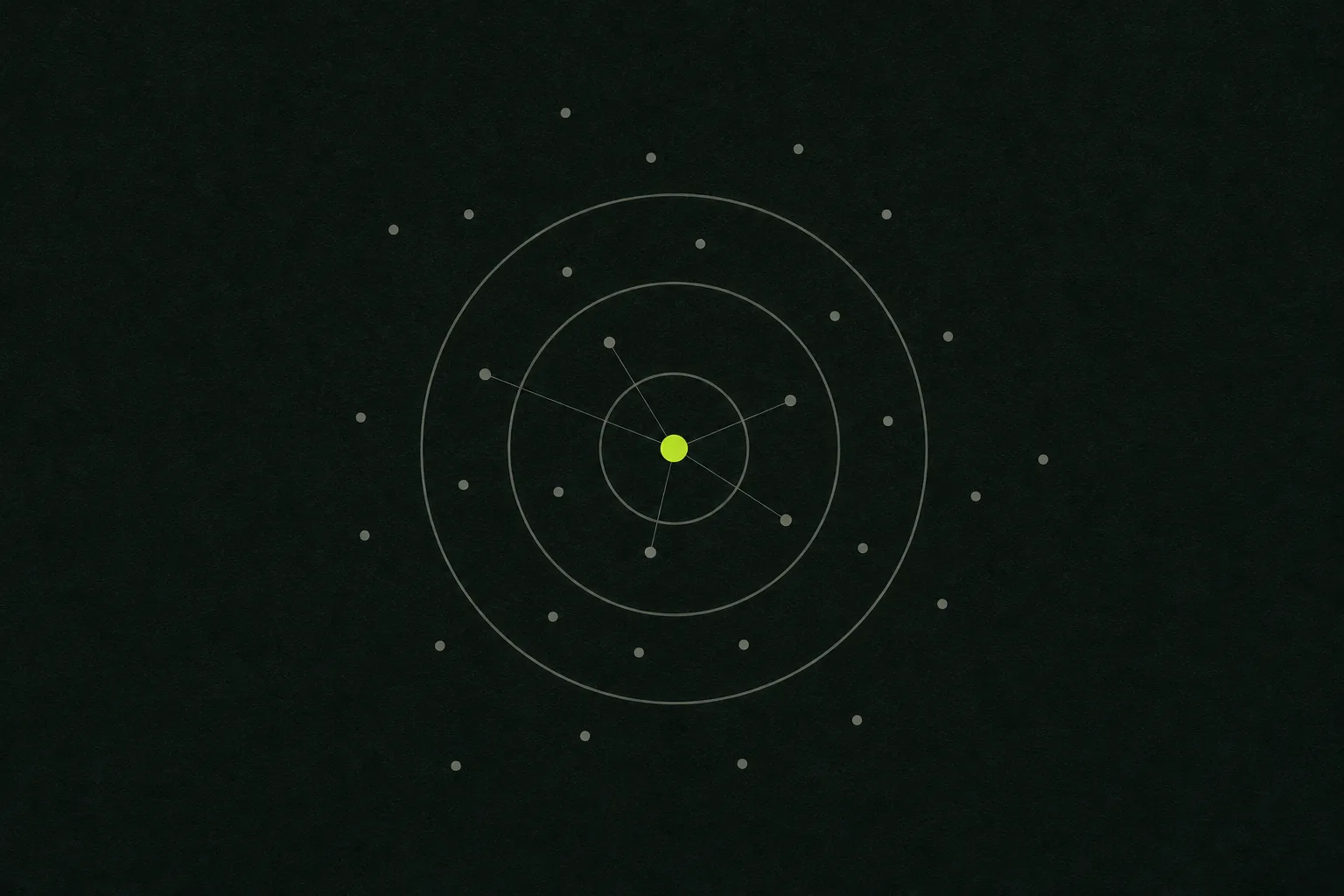 A single acid green pin at the centre of three pale sage grey rings on a near-black green-tinted ground, with a loose scatter of small grey dots around it.