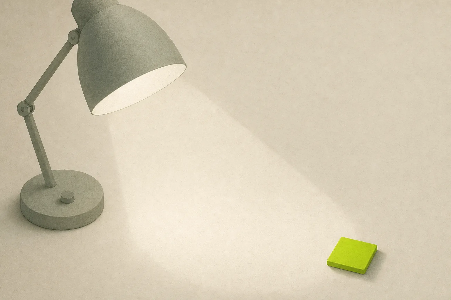 A sage grey desk lamp on a bone-cream ground casting a pale cone of light onto empty paper, with a small acid green tile sitting just outside the edge of the beam.