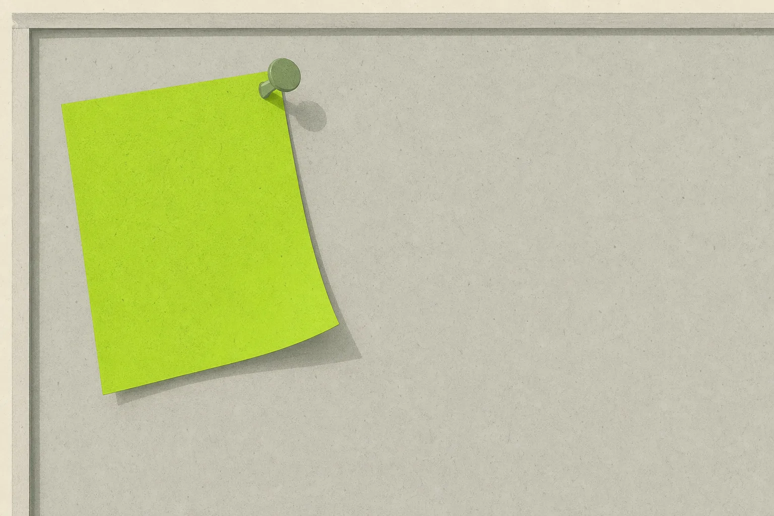 A single acid-green paper notice pinned by one corner to a plain pale grey noticeboard on a bone-cream ground, a small drawing pin casting a soft shadow, the rest of the board bare.