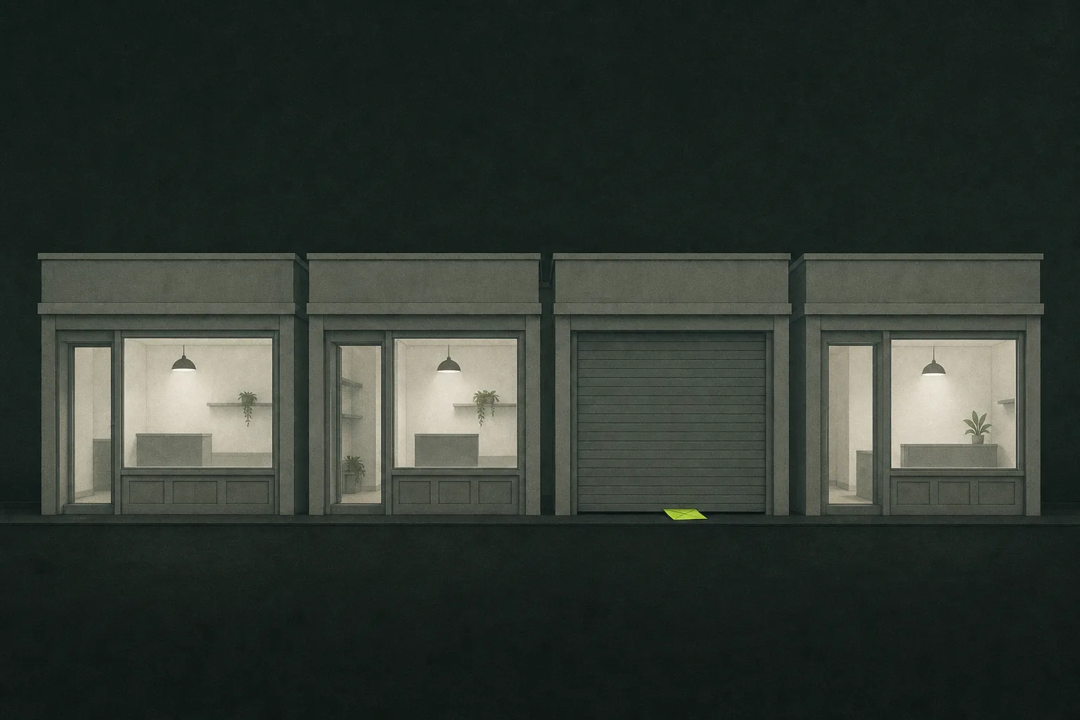 A row of four small grey shopfronts on a near-black ground, three with lit windows and one with its shutter pulled down, a folded acid green note resting at the foot of the shutter.