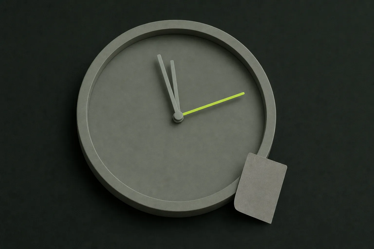 A plain sage grey wall clock with a blank face on a near-black green-tinted ground, two grey hands pointing one way and a thin acid green hand pointing another, with a small grey paper tab resting against its rim.