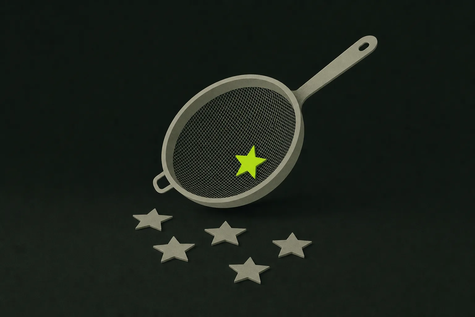 A plain sage grey kitchen sieve on a near-black green-tinted ground with small grey stars scattered beneath it and one solid acid green star still caught in its mesh.
