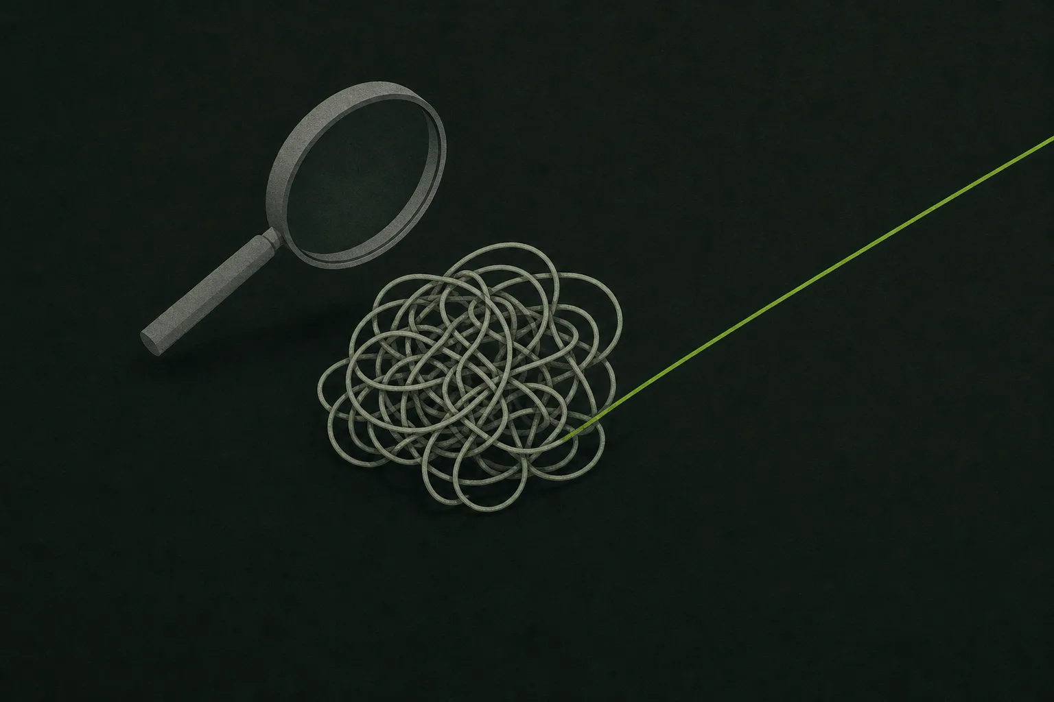 A plain grey magnifying glass hovering over a tangled knot of pale sage-grey threads on a near-black green-tinted ground, one thread pulled free of the knot and drawn taut in a straight line of solid acid green.