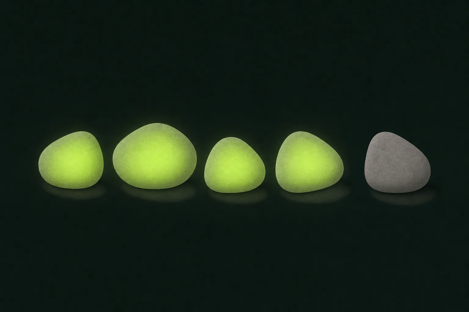 Five smooth grey pebbles arranged in a loose row on a near-black green-tinted ground, four of them glowing from within with solid acid green light and the fifth, set apart from the rest, left plain and dark.