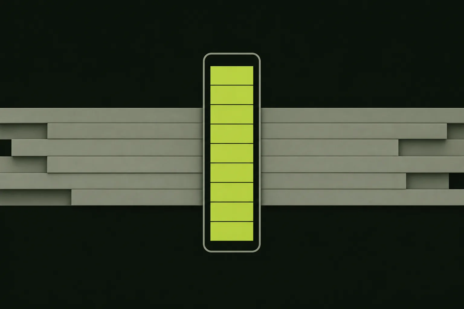 A tall narrow rounded outline on a near-black green-tinted ground, a wide band of sage grey bars running straight through it and off both edges while a neat column of acid green blocks fits exactly inside.