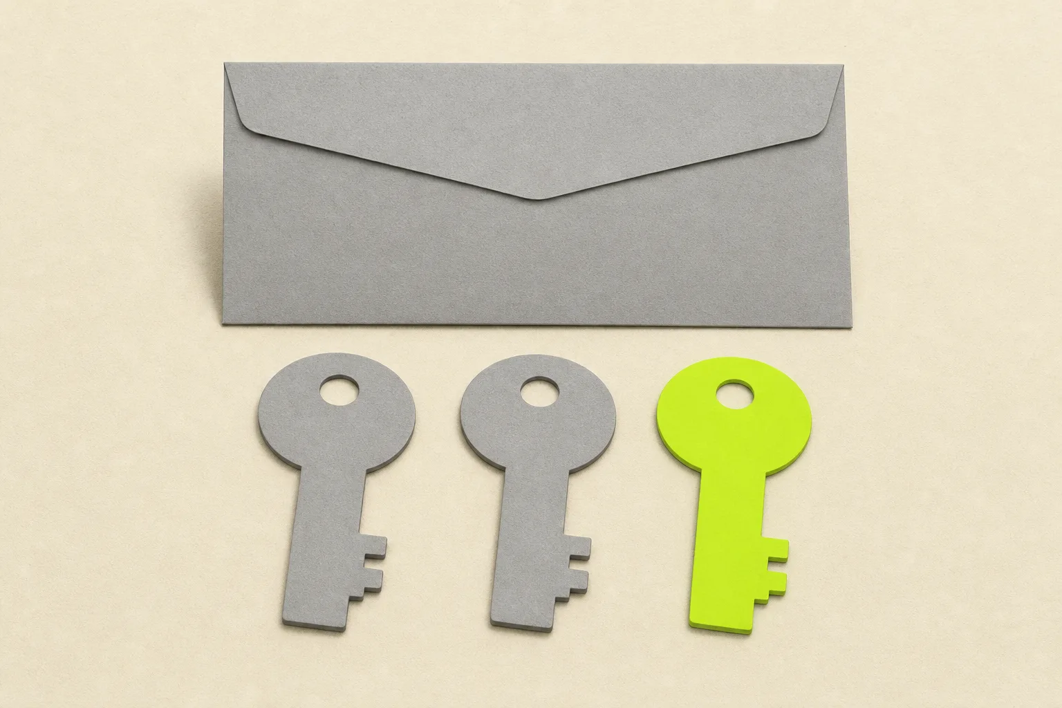 Three identical grey key shapes lying in a row on a bone-cream ground beside a plain grey envelope, the last key redrawn in solid acid green.