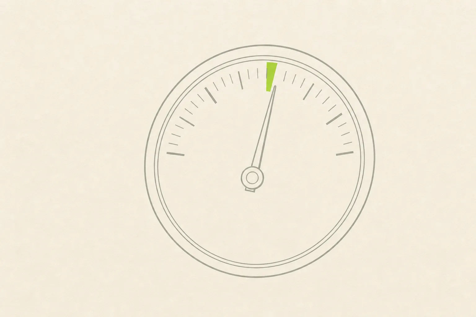 A grey speedometer dial on a bone-cream ground, the needle sitting just inside a narrow acid green band near the top of the scale.