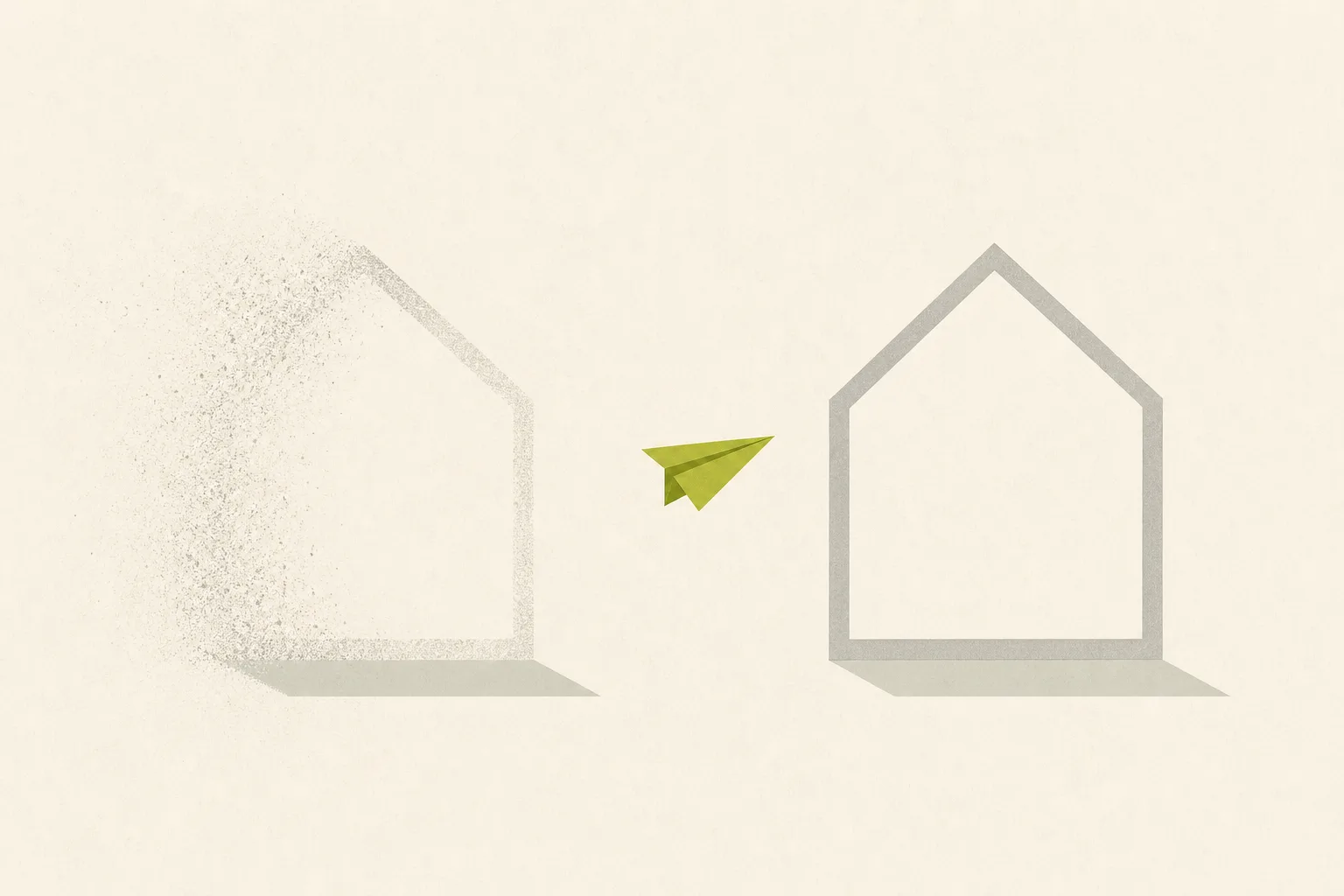 A single acid green paper aeroplane mid-flight between two identical pale grey house-shaped outlines on a bone-cream ground, the outline it is leaving already fading at the edges.