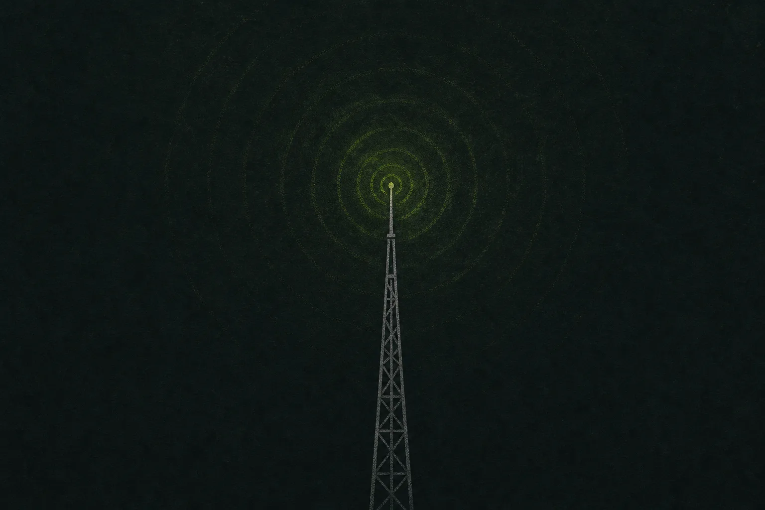A single grey radio mast standing alone on a near-black green-tinted ground, a small pulse of solid acid green light rippling outward from its tip into empty space with nothing answering back.