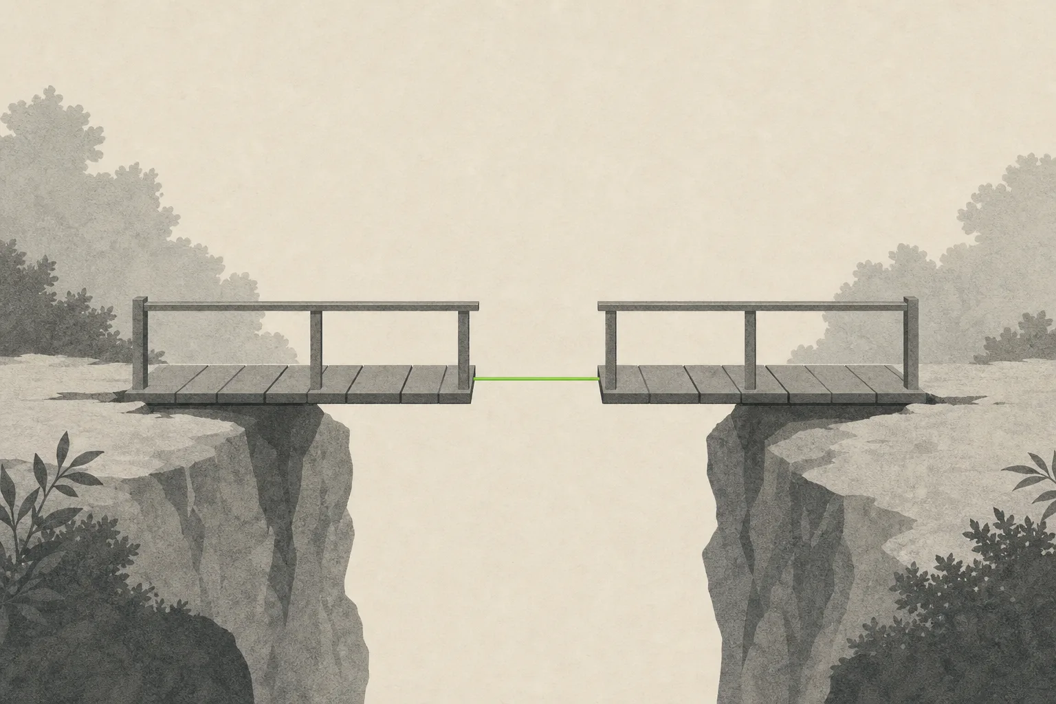 A narrow grey plank footbridge crossing a gap on a bone-cream ground, one plank missing near the middle, with a single taut strand of solid acid green light stretched across the gap in its place.