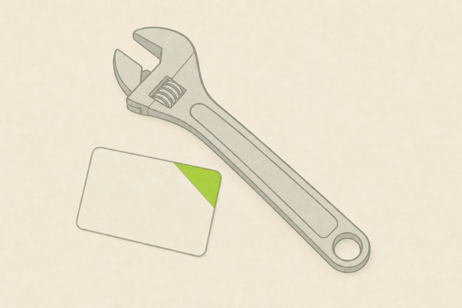 A grey adjustable wrench resting beside a small pale sage-grey registration card on a bone-cream ground, one corner of the card rendered in solid acid green as though flagged for checking.