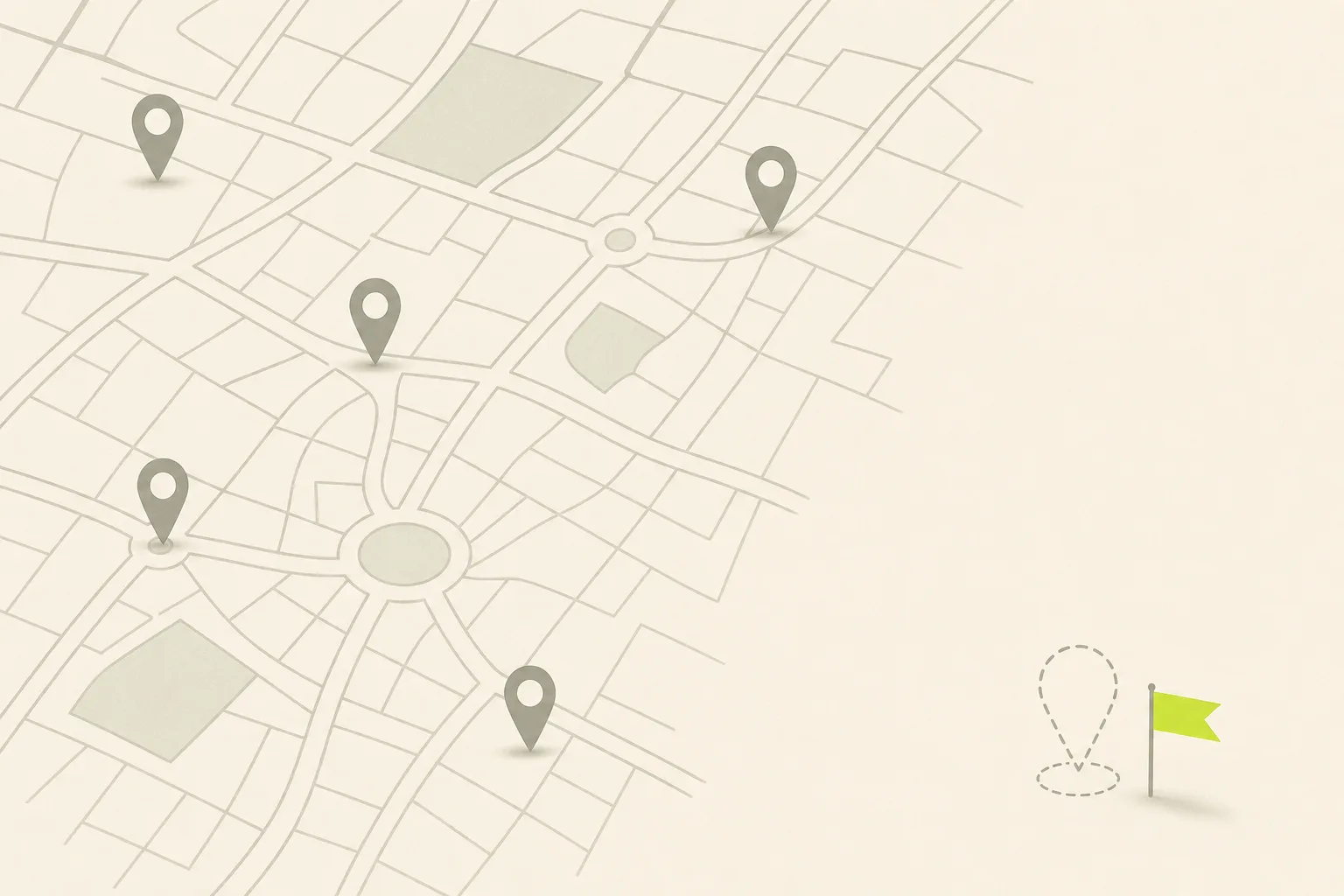A flat street map in thin sage grey lines on a bone-cream ground with grey pins on the streets and one hollow dashed pin out in an empty corner, marked by a small acid green flag.